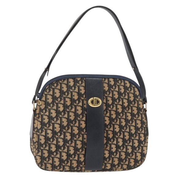 Authentic Christian Dior Trotter Canvas Shoulder Bag Navy Gold